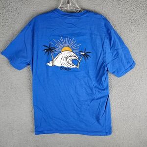 Oakley Medium Blue Short Sleeve Wave Palm Trees Logo Men’s T-Shirt 2021